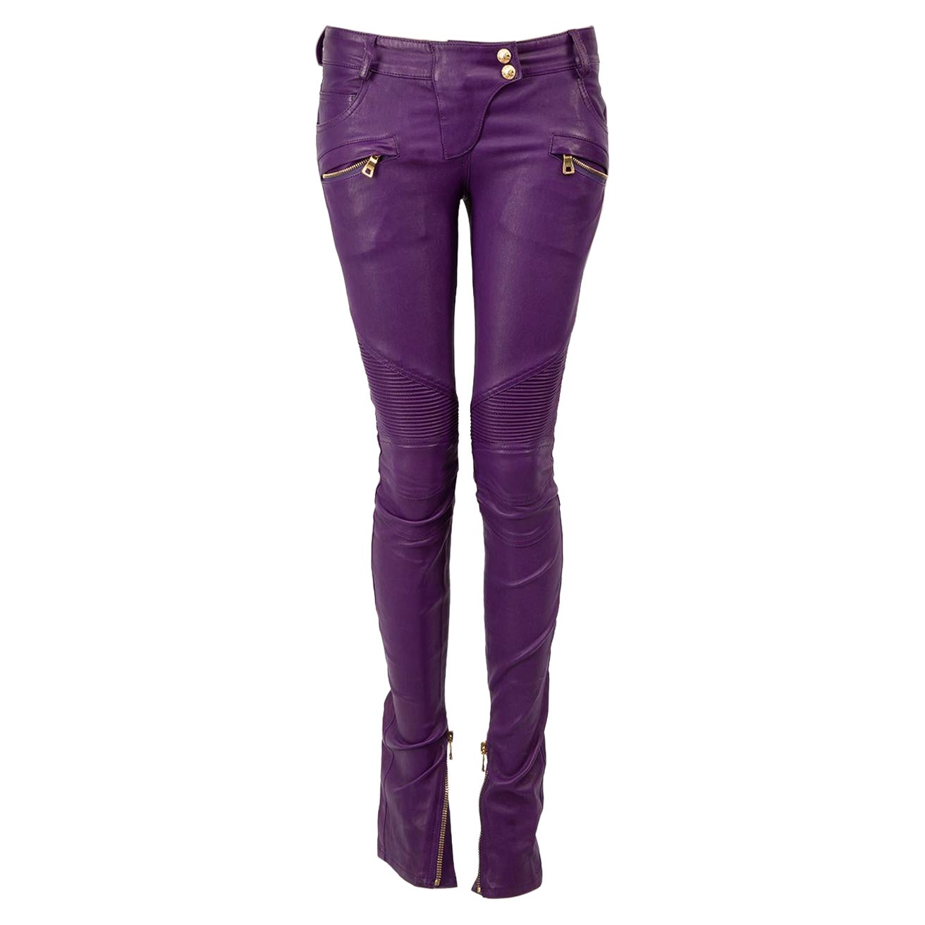 Balmain Purple Leather Skinny Biker Trousers Size S For Sale