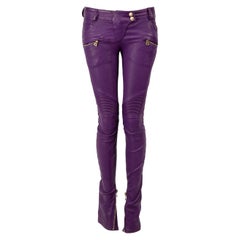 Used Balmain Purple Leather Skinny Biker Trousers Size S