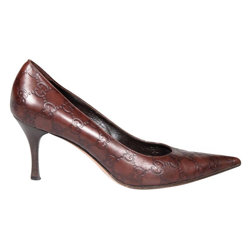 Gucci Brown Leather Guccissima Pointed Toe Pumps Size US 7.5 For Sale