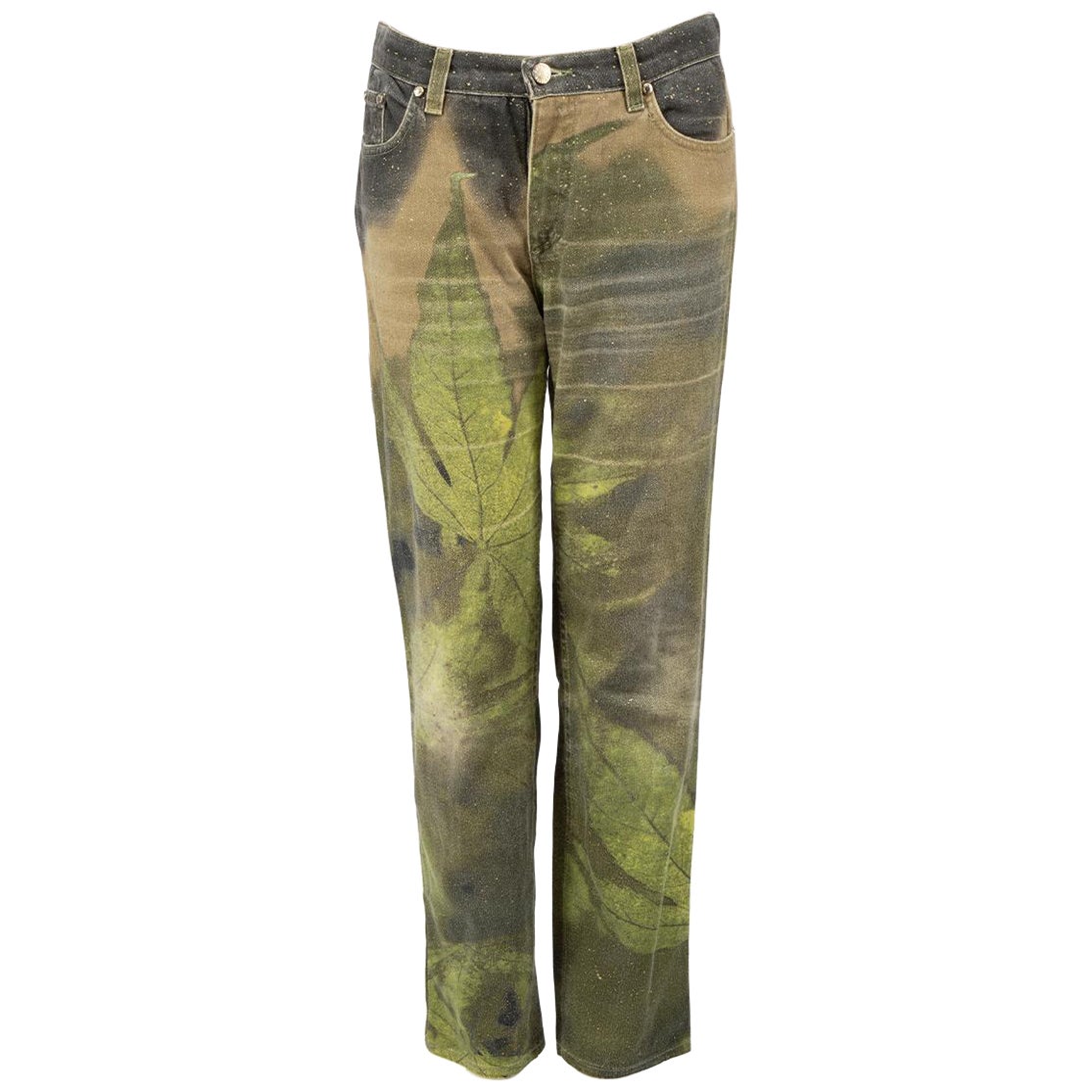 Roberto Cavalli Green Denim Leaf Print Jeans Size XS For Sale