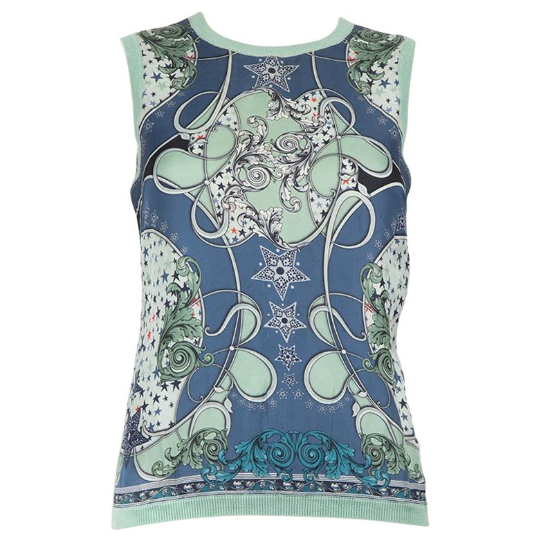 Versace Blue Silk Baroque Print Knit Top Size S For Sale