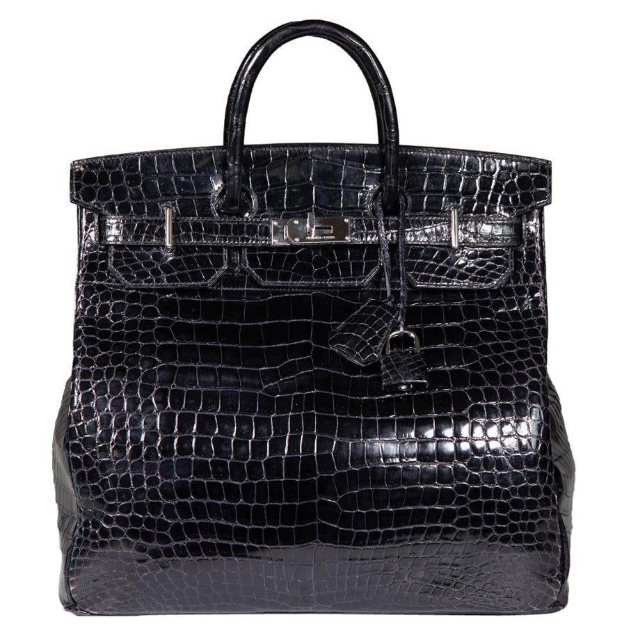 Hermès 1999 Noir Shiny Porosus Croc PHW Haut √† Courroies 40 For Sale