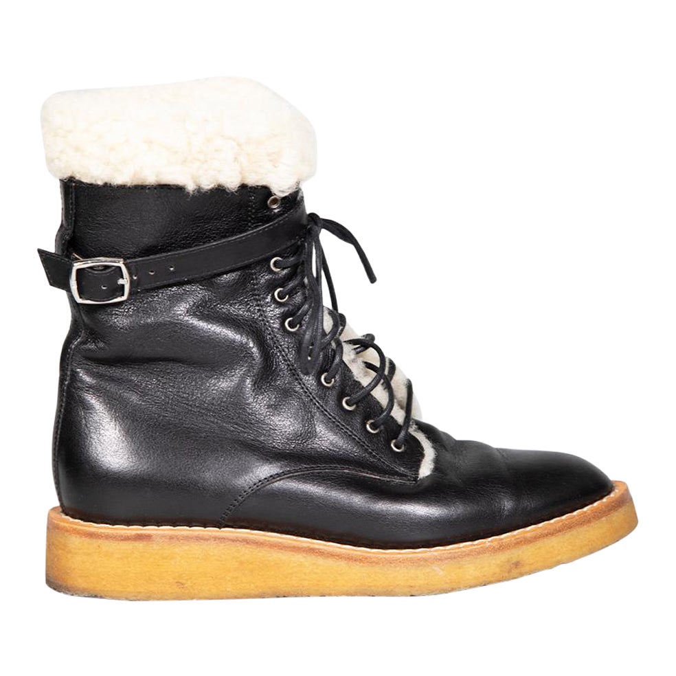 Céline Black Leather Manon Shearling Biker Boots Size IT 36 For Sale