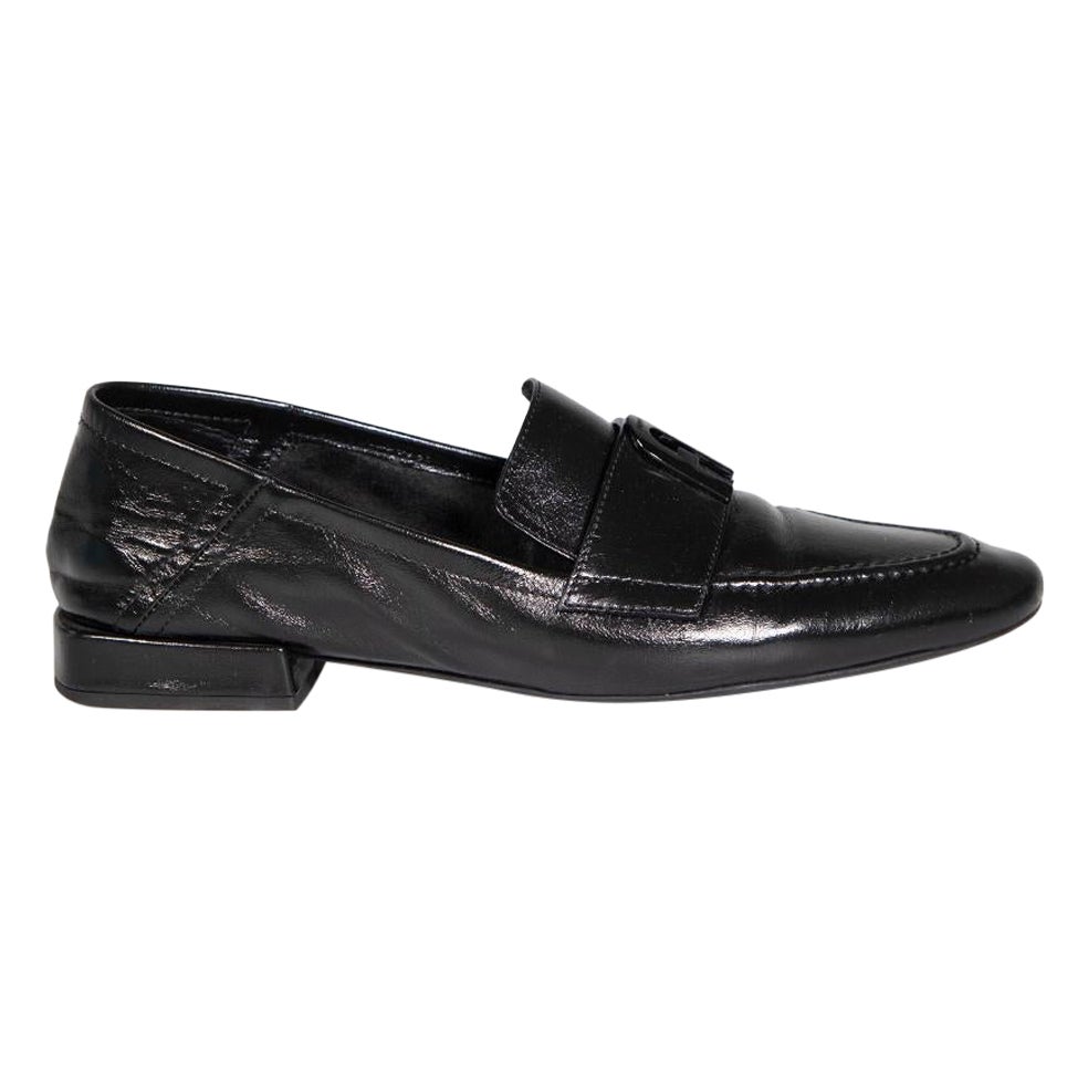 Furla Black Leather High Shine Buckle Loafers Size IT 40 For Sale