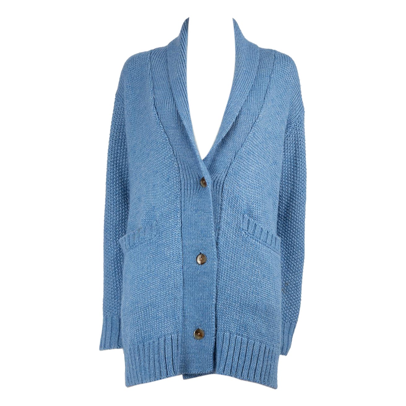 Hatch Blue Merino Wool Knit Collared Cardigan Size S For Sale