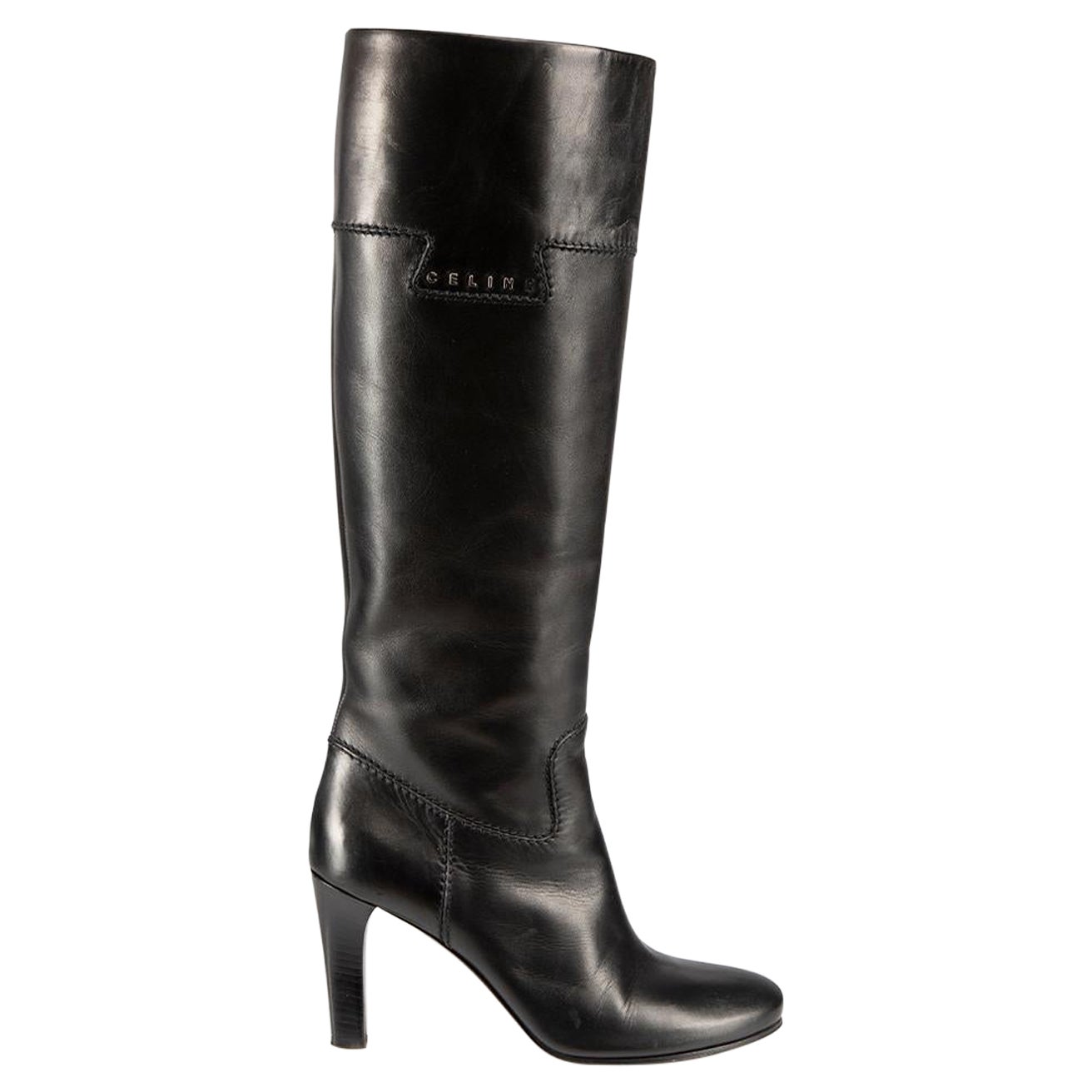 Céline Black Leather Heeled Knee High Boots Size IT 38 For Sale