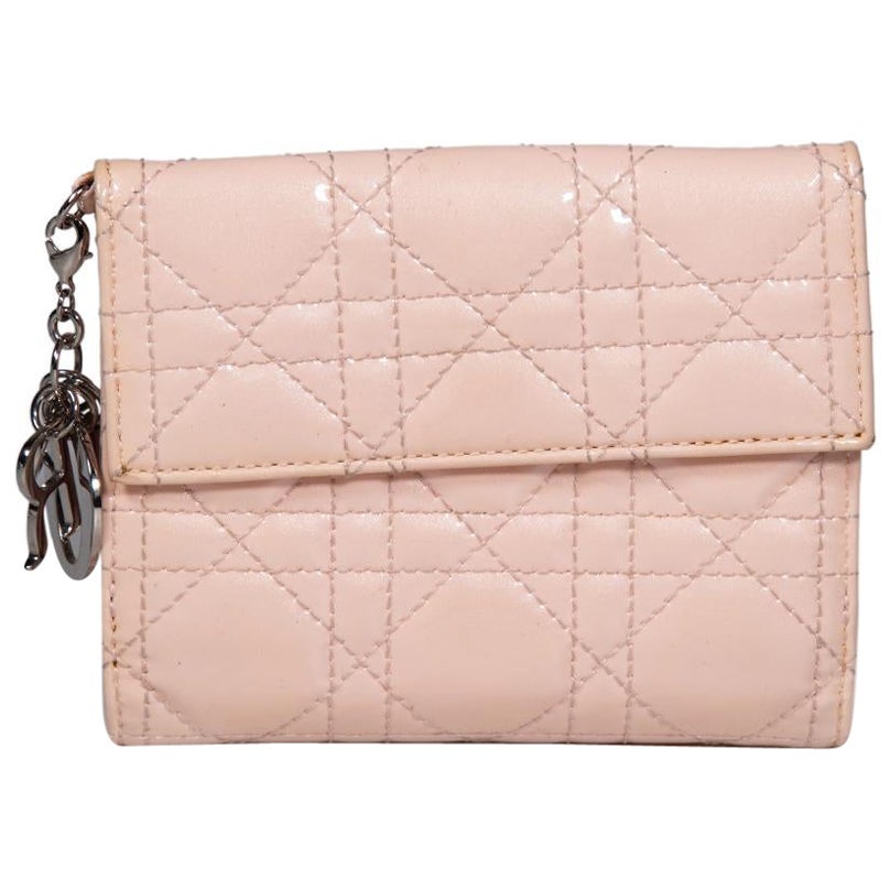Dior Pink Patent Metallic Lady Dior Cannage Wallet For Sale