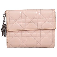 Used Dior Pink Patent Metallic Lady Dior Cannage Wallet