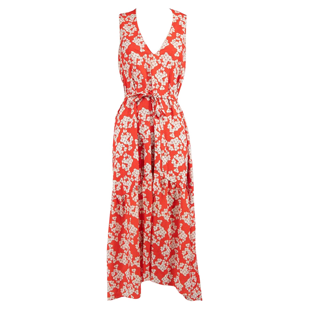 Borgo De Nor Red Floral Pattern Belted Midi Dress Size XS For Sale
