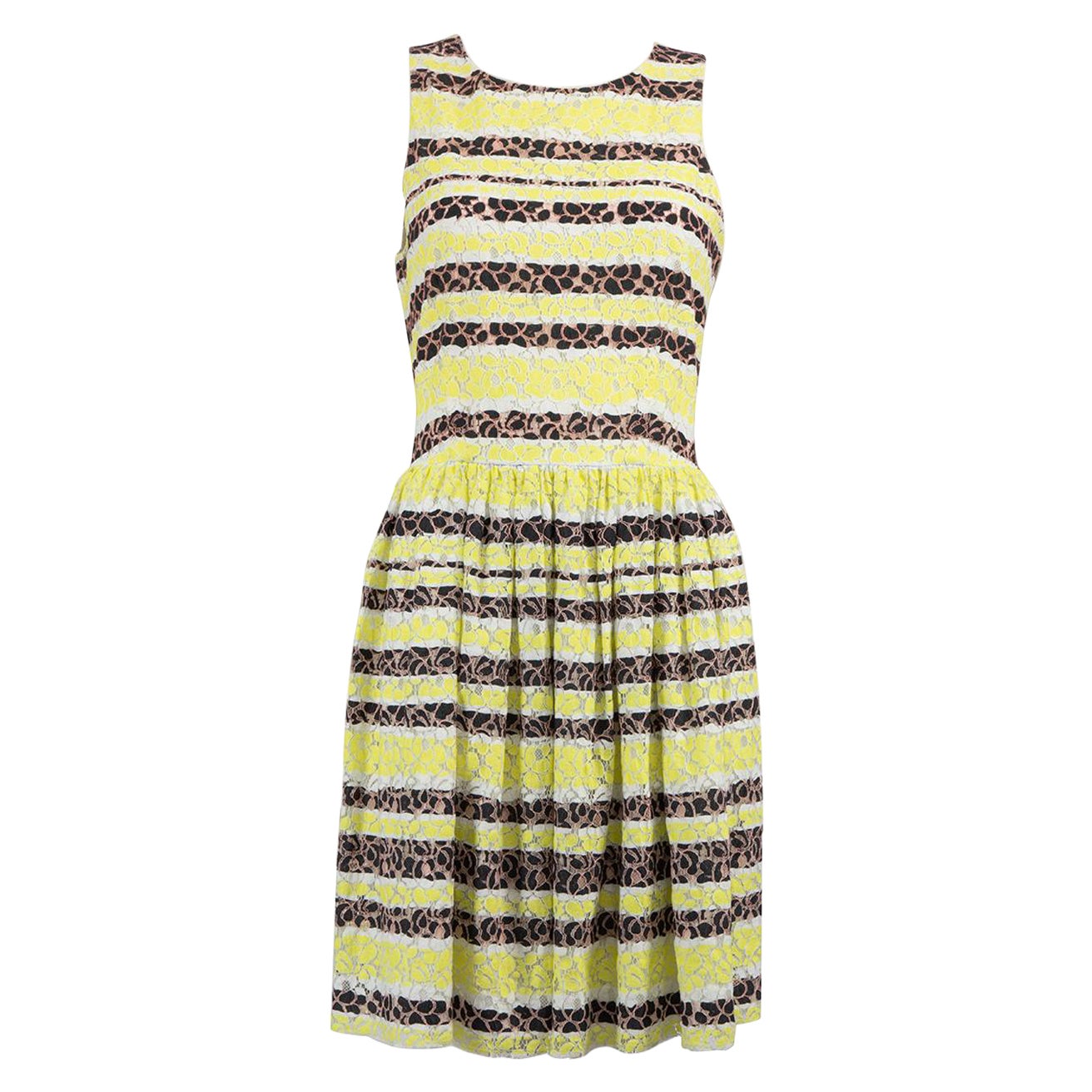 MSGM Neon Yellow Lace Striped Knee Length Dress Size M For Sale