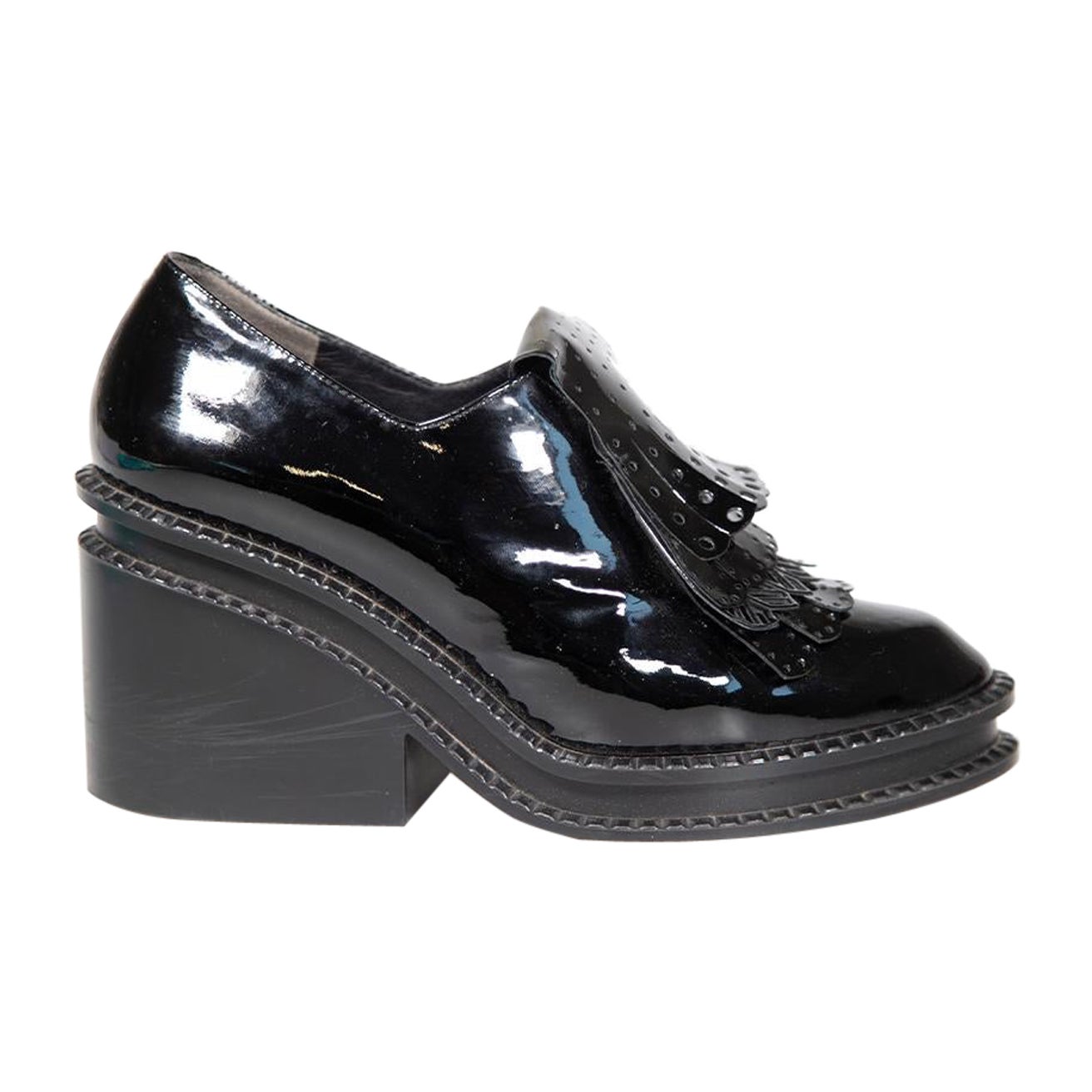 Clergerie Black Patent Leather Fringe Heeled Loafers Size IT 38 For Sale
