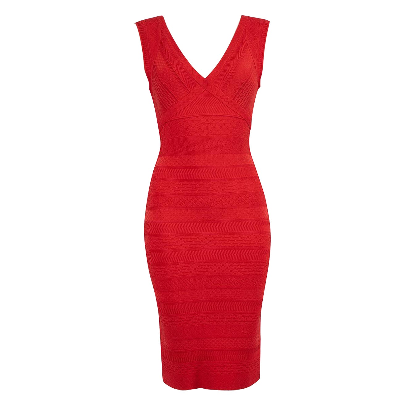 Herve Leger Red V-Neck Knee Length Knit Dress Size S For Sale
