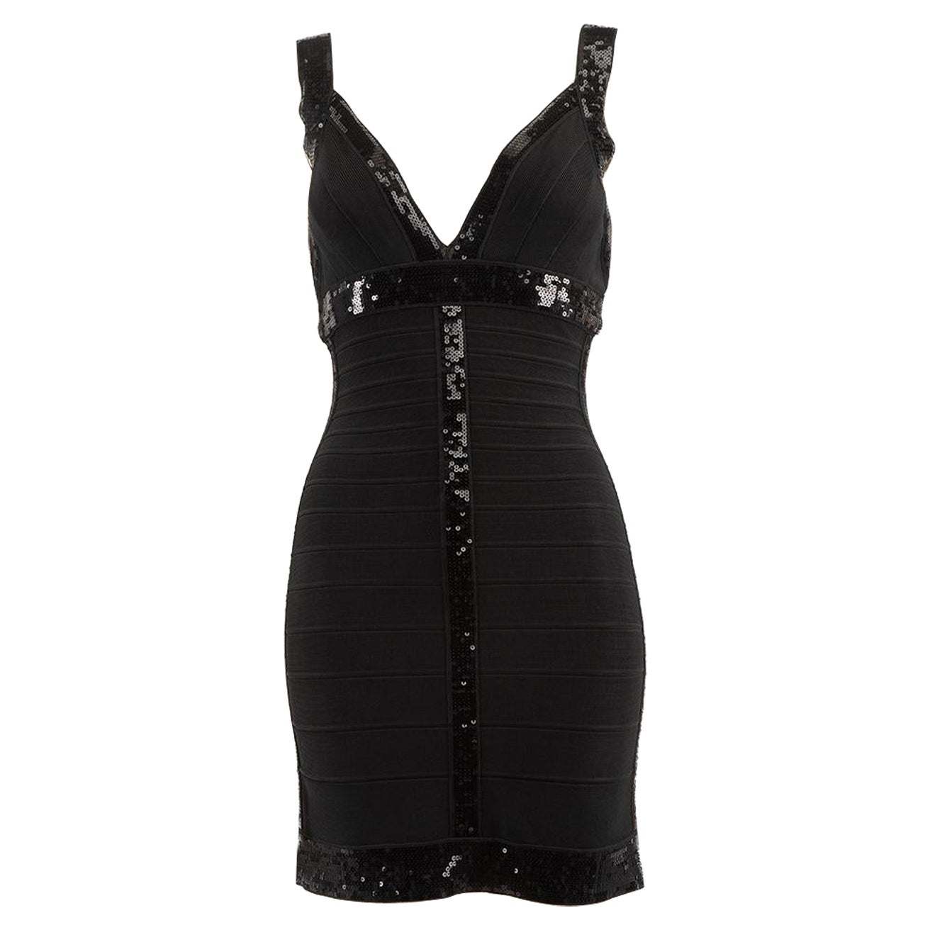 Herve Leger Black Sequinned Bodycon Mini Dress Size S For Sale