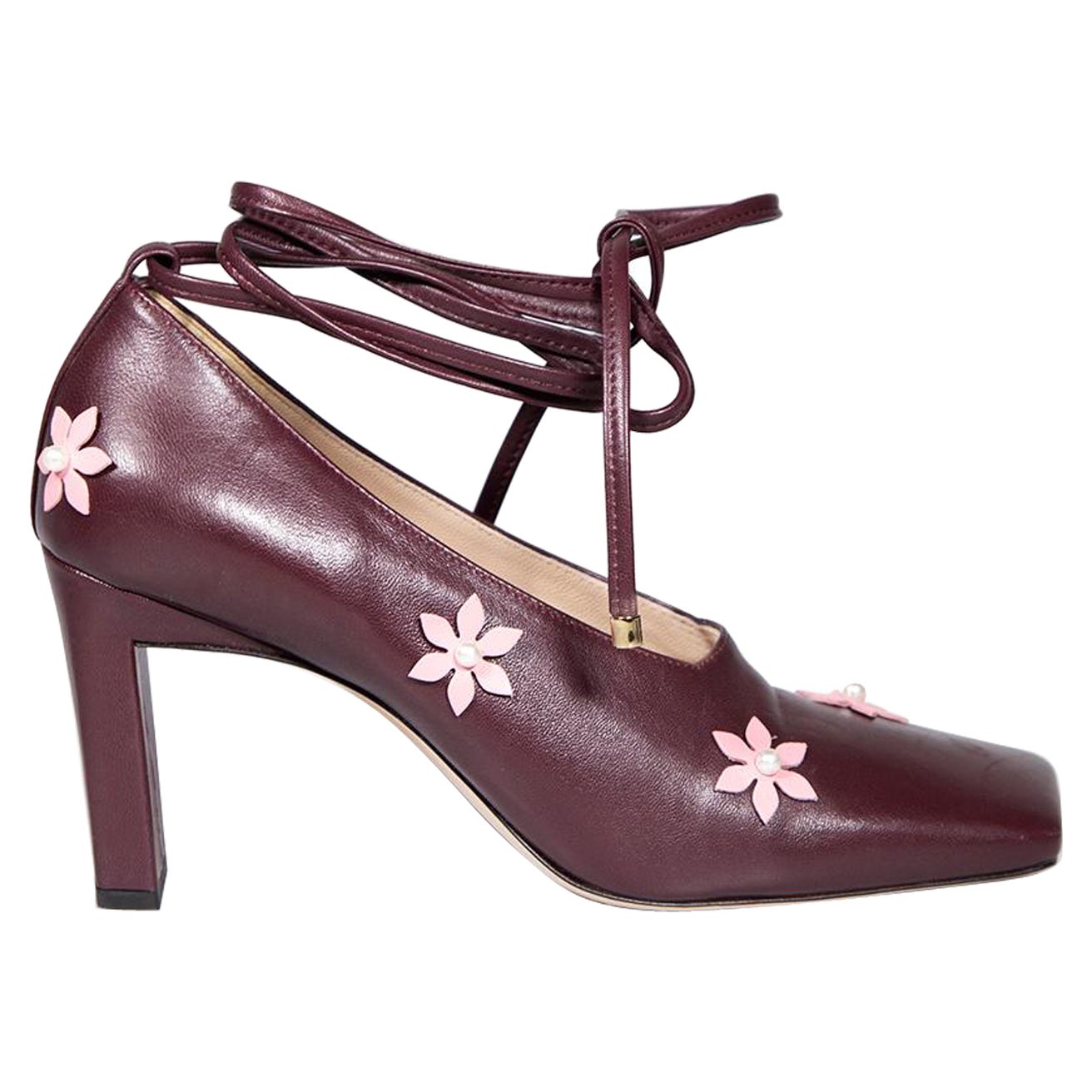 Wandler Burgundy Leather Floral Square Toe Heels Size IT 38.5 For Sale
