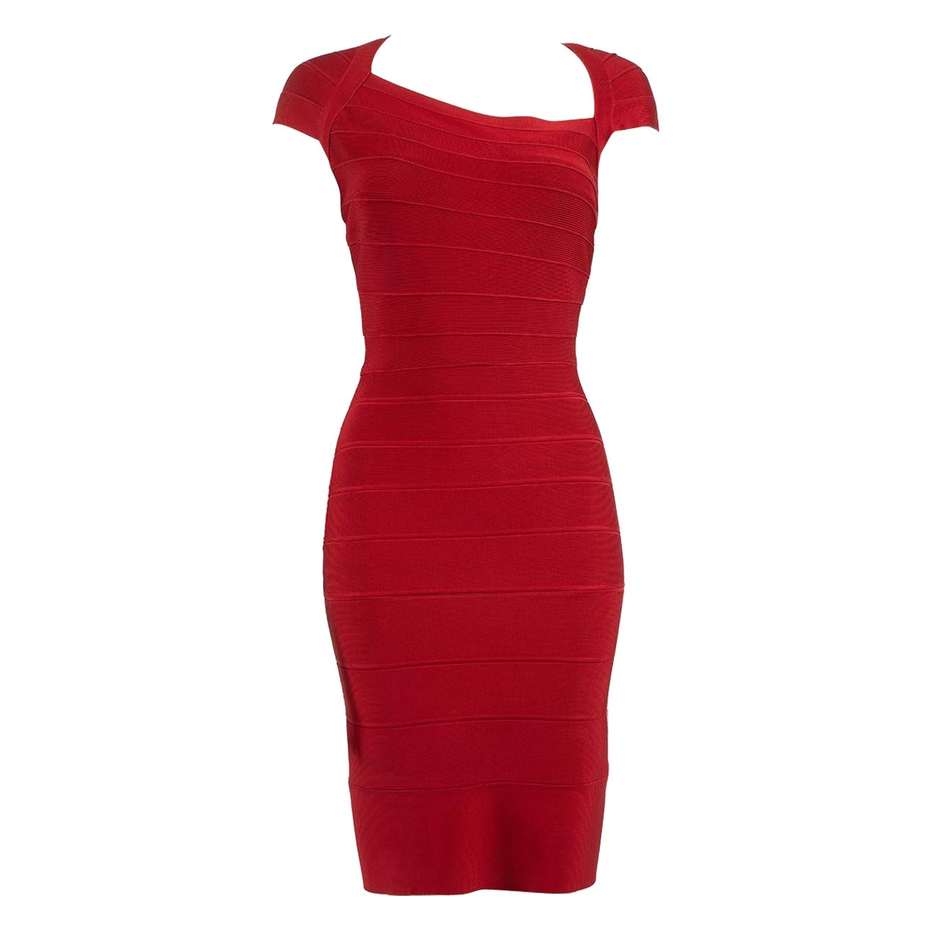 Herve Leger Red Square Neck Bandage Midi Dress Size XS en vente