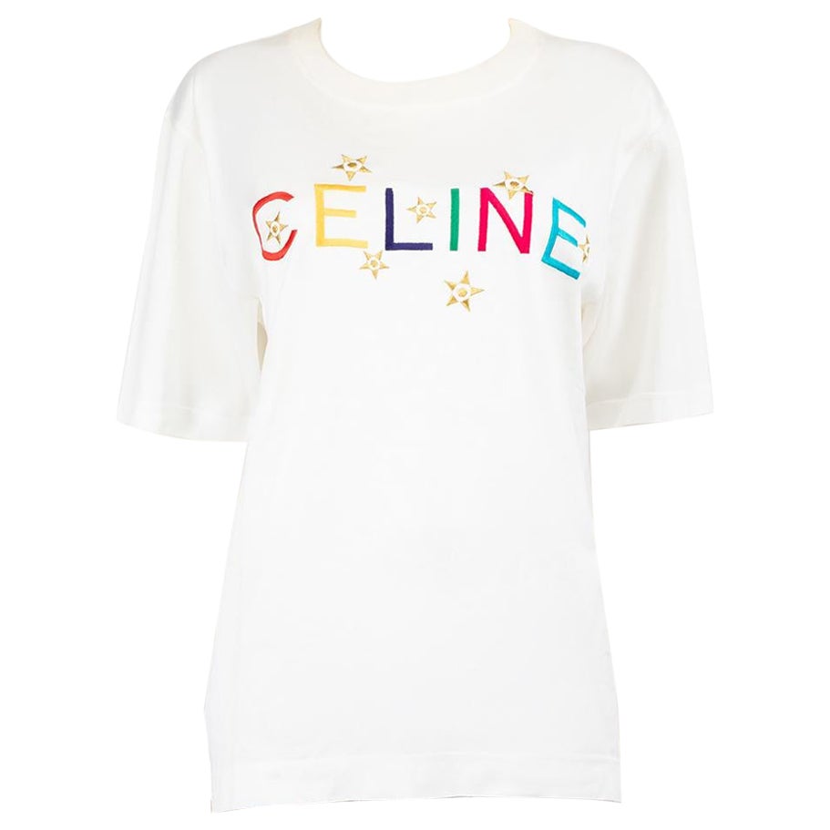 Céline White Logo Embroidery T-Shirt Size XXL For Sale