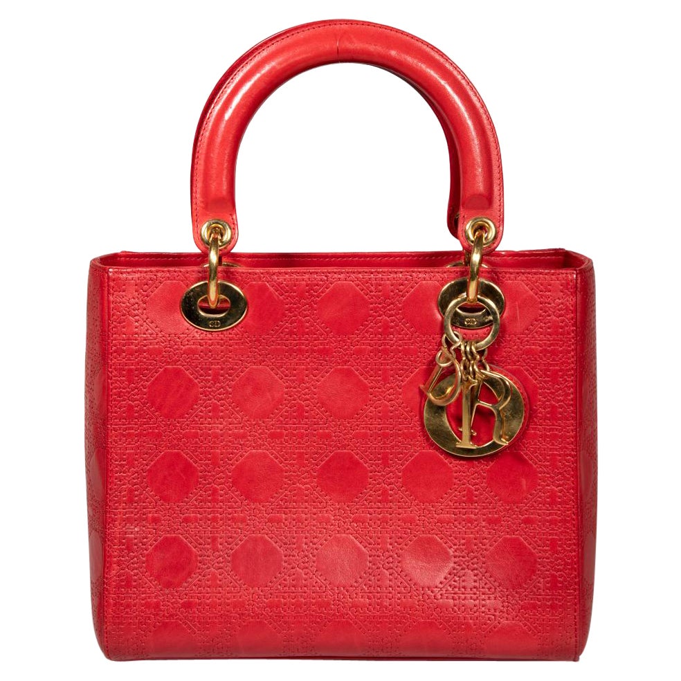 Dior Red Leather Laser Cut Medium Lady Dior Bag For Sale
