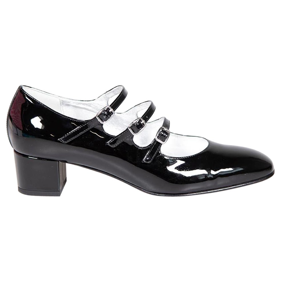 Carel Black Patent Leather Triple Strap Mary Jane Heels Size IT 38.5 For Sale