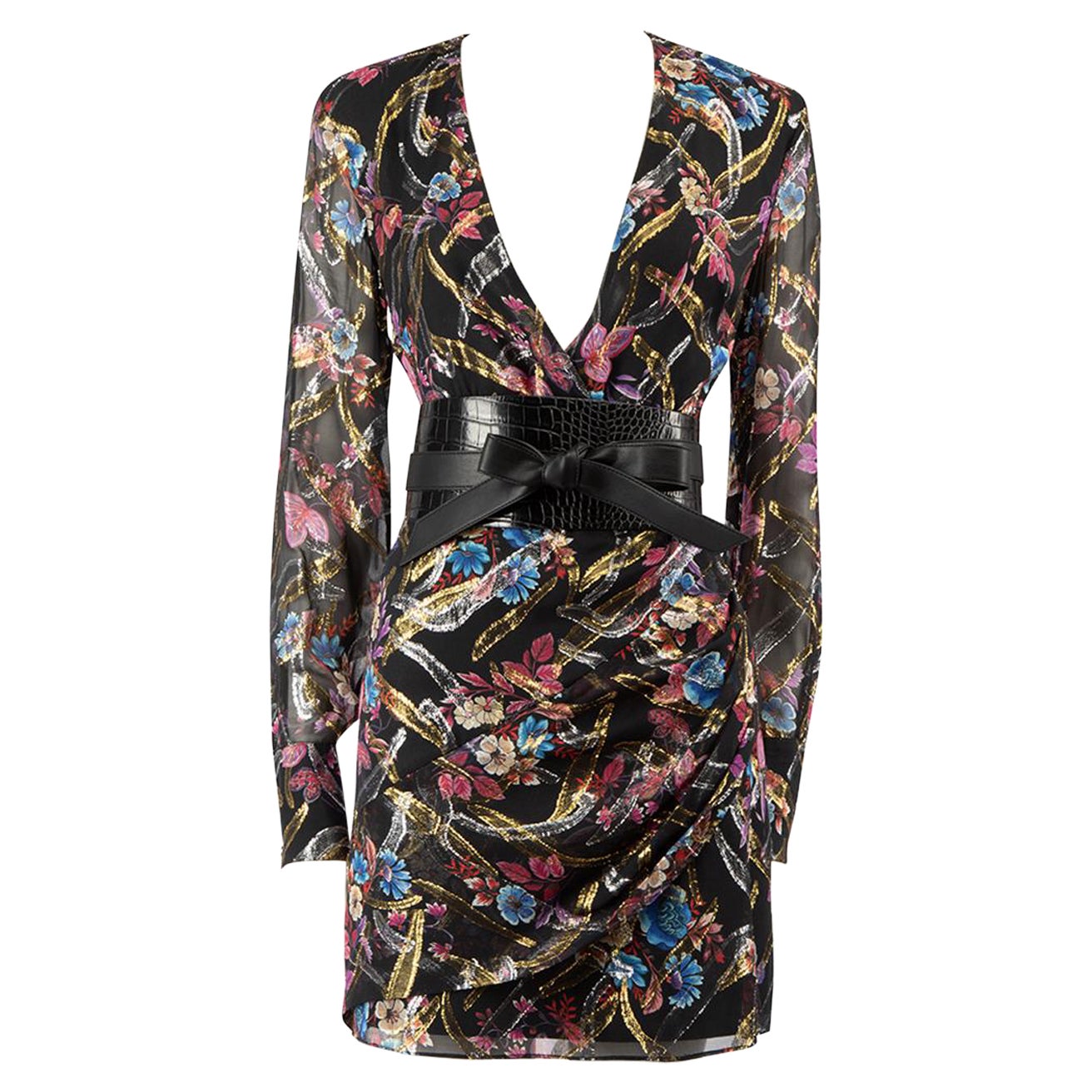 Pinko Floral Print Metallic Belted Mini Dress Size M For Sale