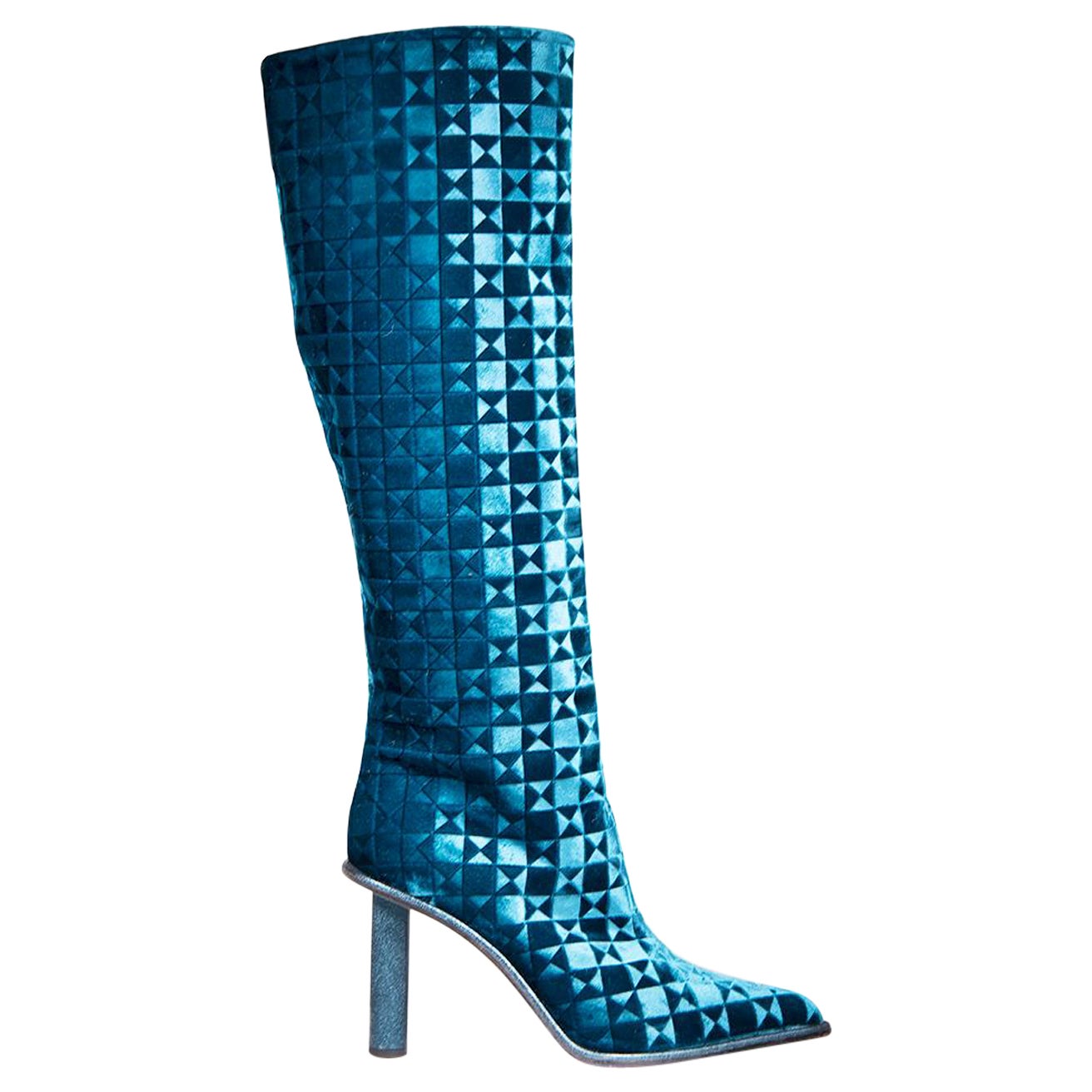 Tamara Mellon Teal Velvet Geometric Knee High Boots Size IT 40 For Sale