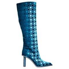 Tamara Mellon Teal Velvet Geometric Knee High Boots Size IT 40