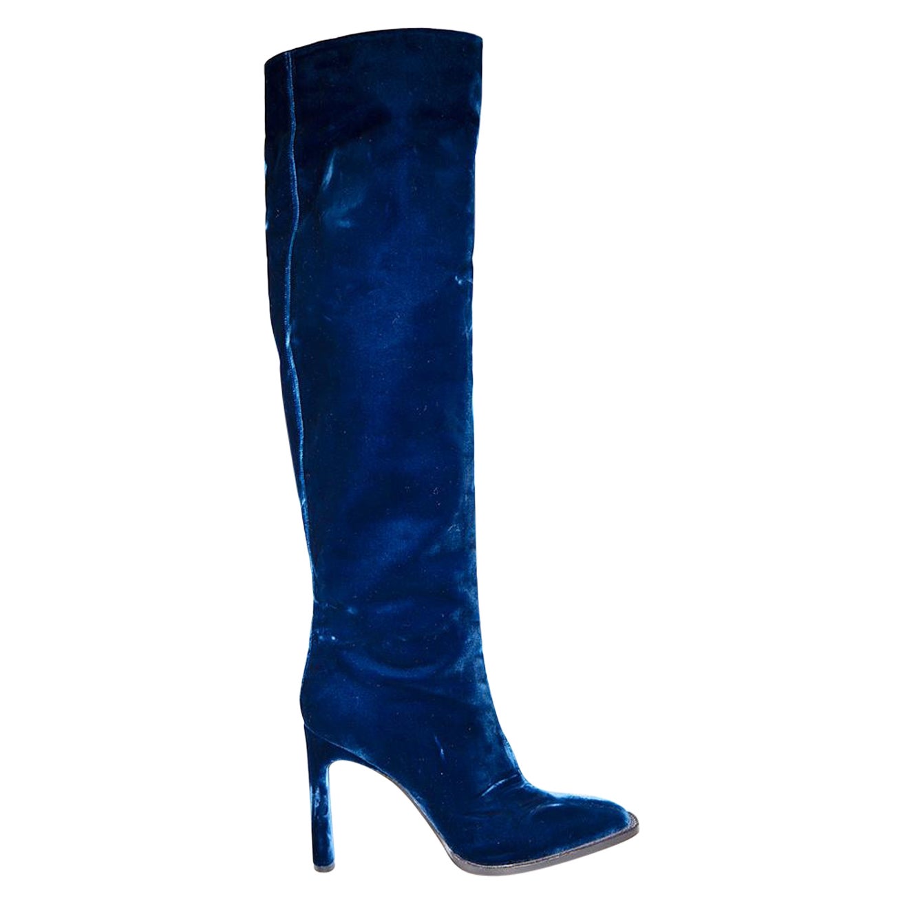 Tamara Mellon Blue Velvet Thigh High Boots Size IT 39.5 For Sale