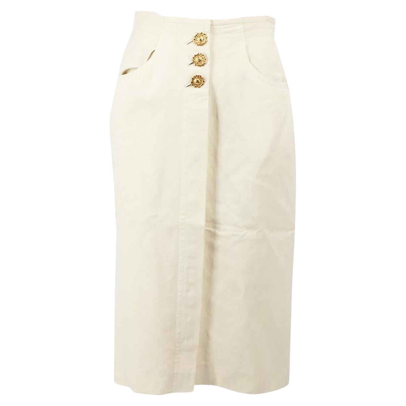 Louis Féraud Ecru Button Detail Midi Skirt Size M For Sale