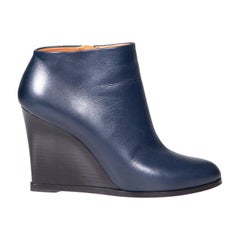 Céline Navy Leather Pointed Toe Wedge Boots Size IT 38