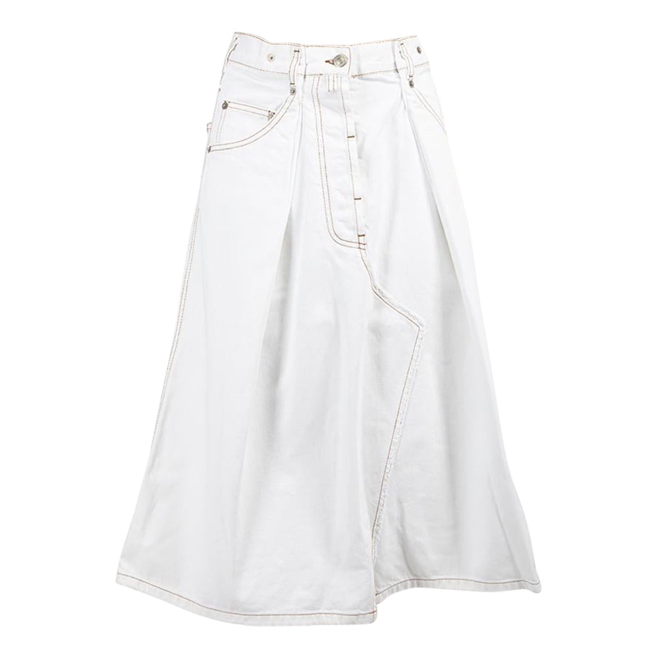 Dries Van Noten White Denim Contrast Stitch Skirt Size M For Sale