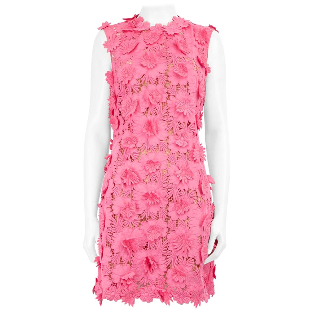 Oscar de la Renta Pink Floral Appliqué Guipure Lace Dress Size L For Sale