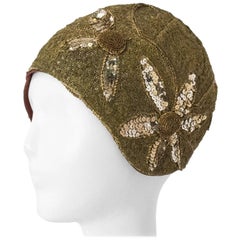 20s Handmade Gold Lace Skull Cap w/ Sequin Flowers