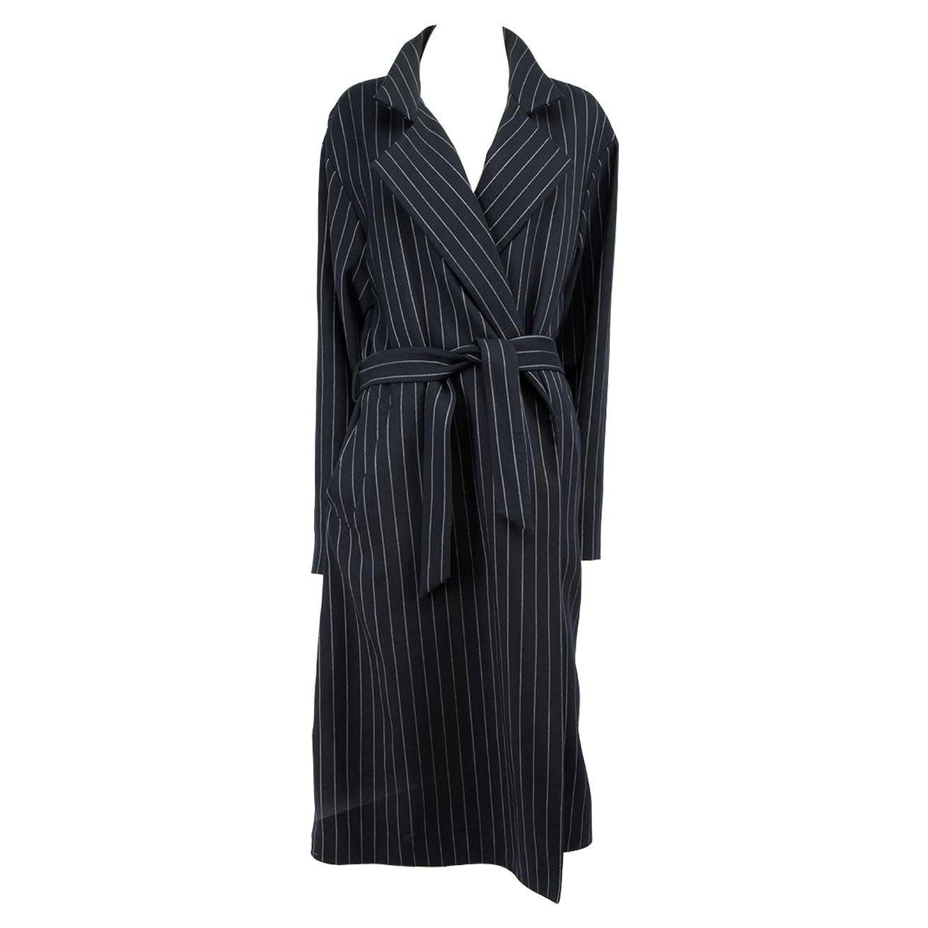 Maison Margiela Navy Wool Pinstriped Belted Coat Size XXL For Sale