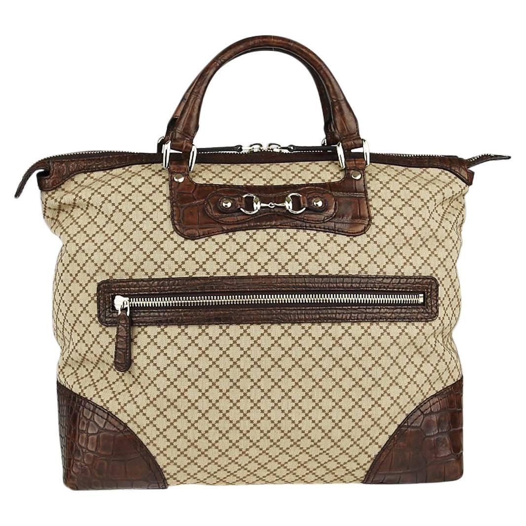 Gucci Monogram Canvas Men's Weekender Crocodile Carryall Satchel Tote Bag