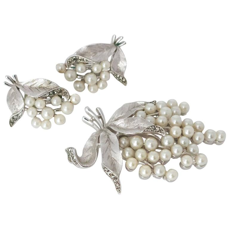 60s Trifari Silver Tone Pearl Bouquet Brooch and Earring Set at 1stDibs
