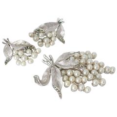 Vintage 60s Trifari Silver Tone Pearl Bouquet Brooch and Earring Set