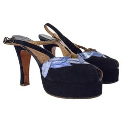 40s Navy Suede Peeptoe Platforms w/ Metallic Leaf Details