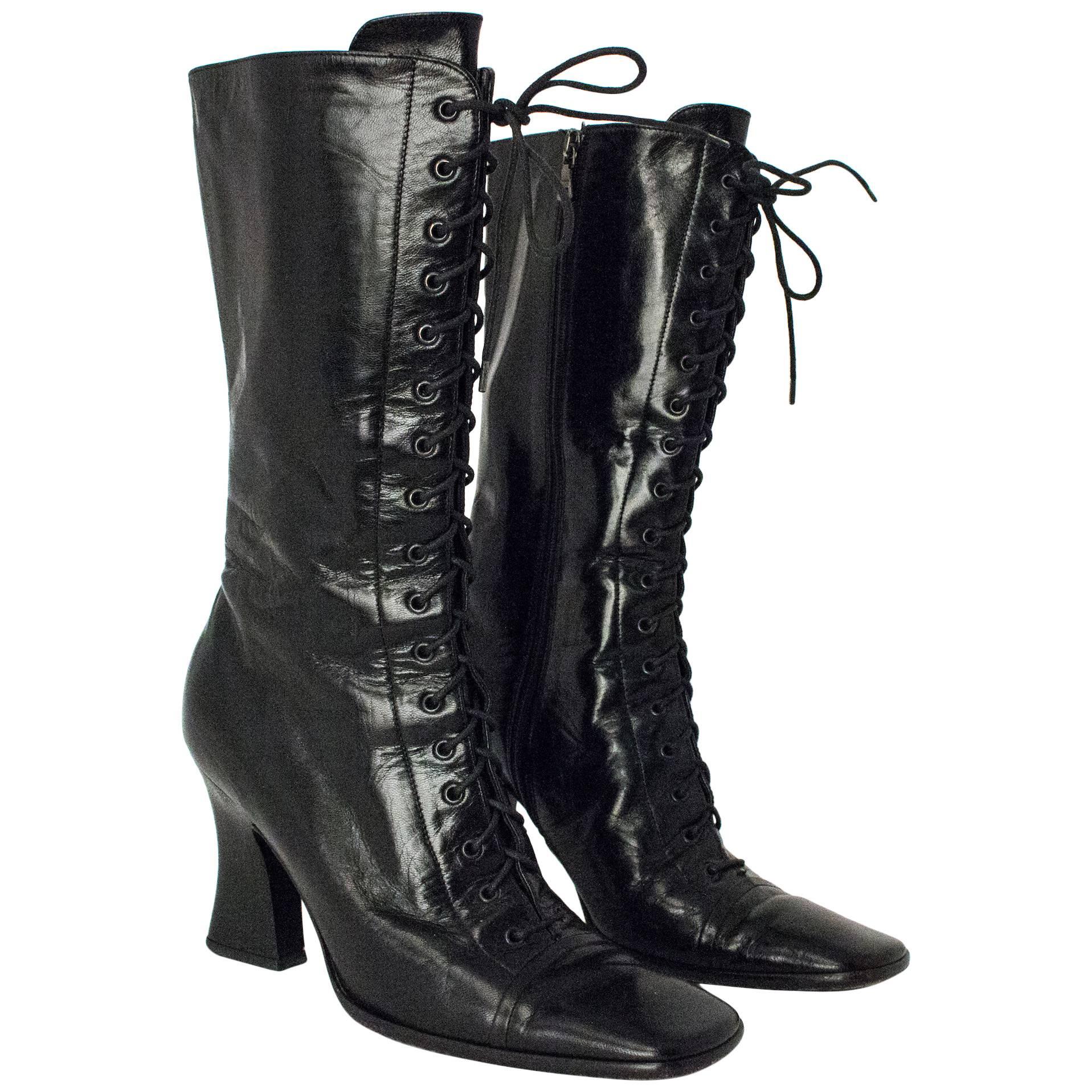 90s Black Leather Laceup Square Toe Boots
