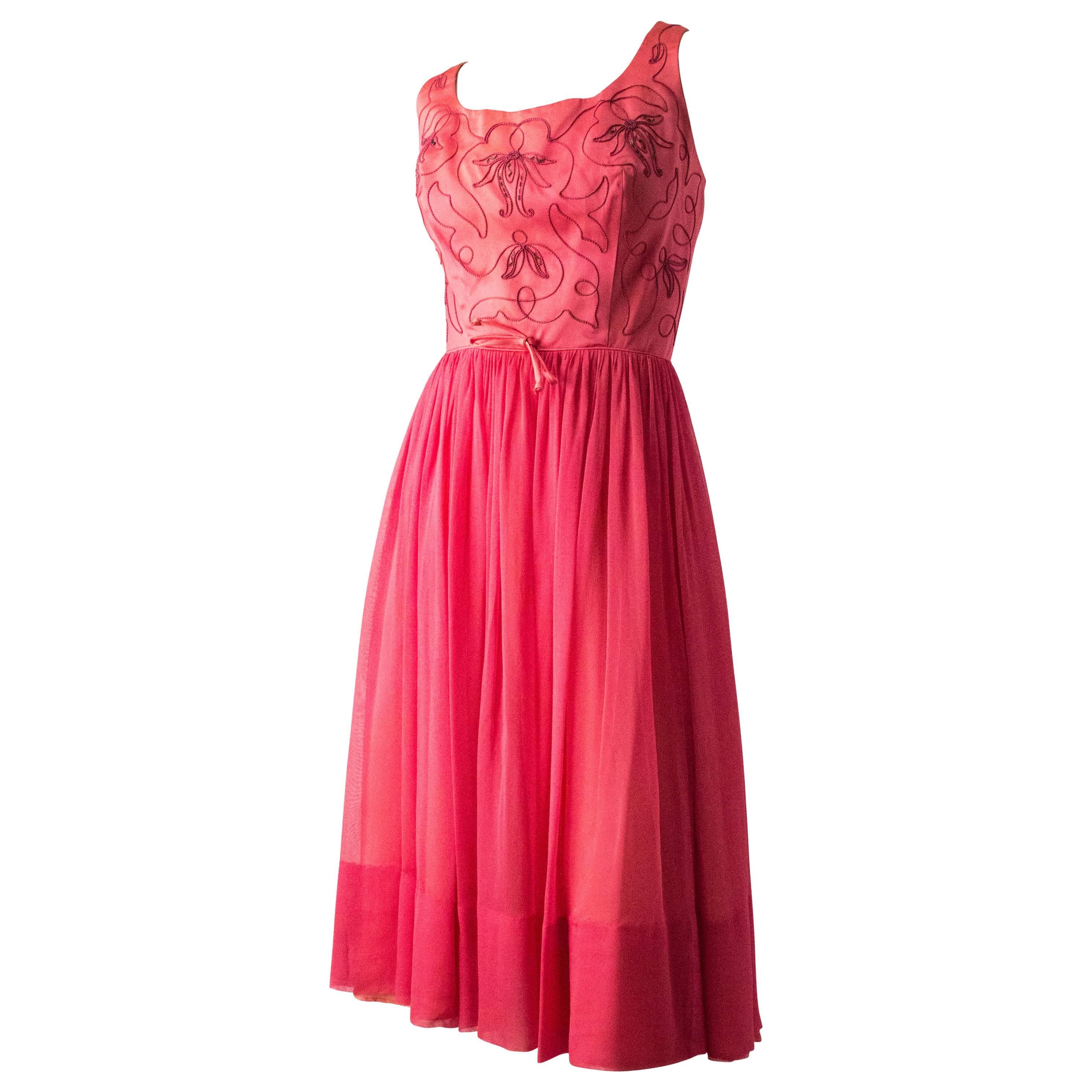 50s Pink Satin Embroidered Bodice Cocktail Dress