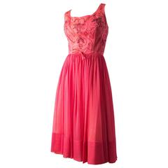 Vintage 50s Pink Satin Embroidered Bodice Cocktail Dress