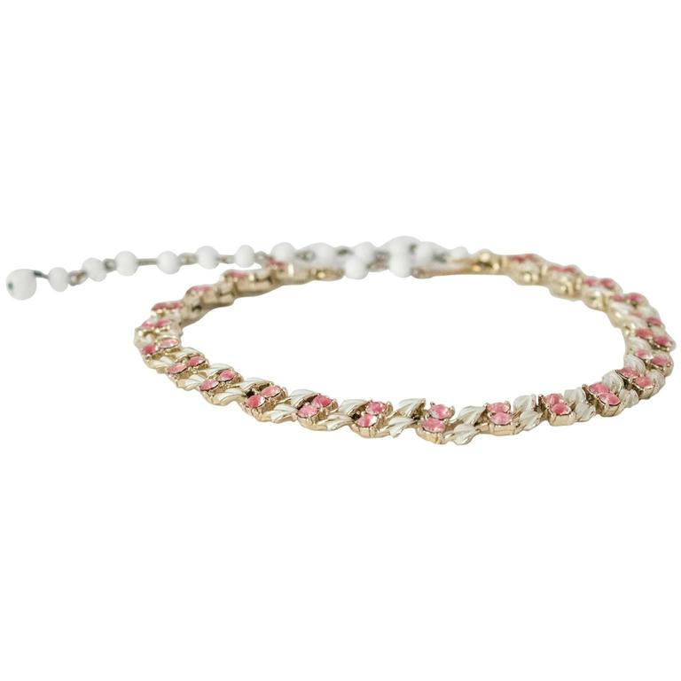 50s Coro Pink Rhinstone w/ White Leaf Enamel Necklace at 1stDibs