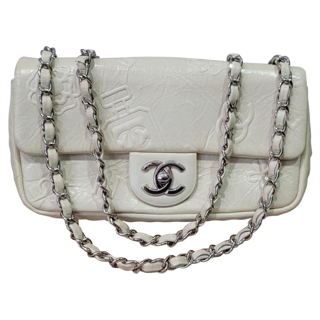 Chanel White Embossed Leather Precious Symbols Small Flap Bag For Sale