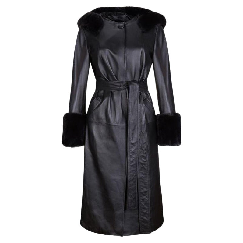 Trench-coat Aurora à capuche en fausse fourrure noire de Verheyen London, Taille 10 en vente