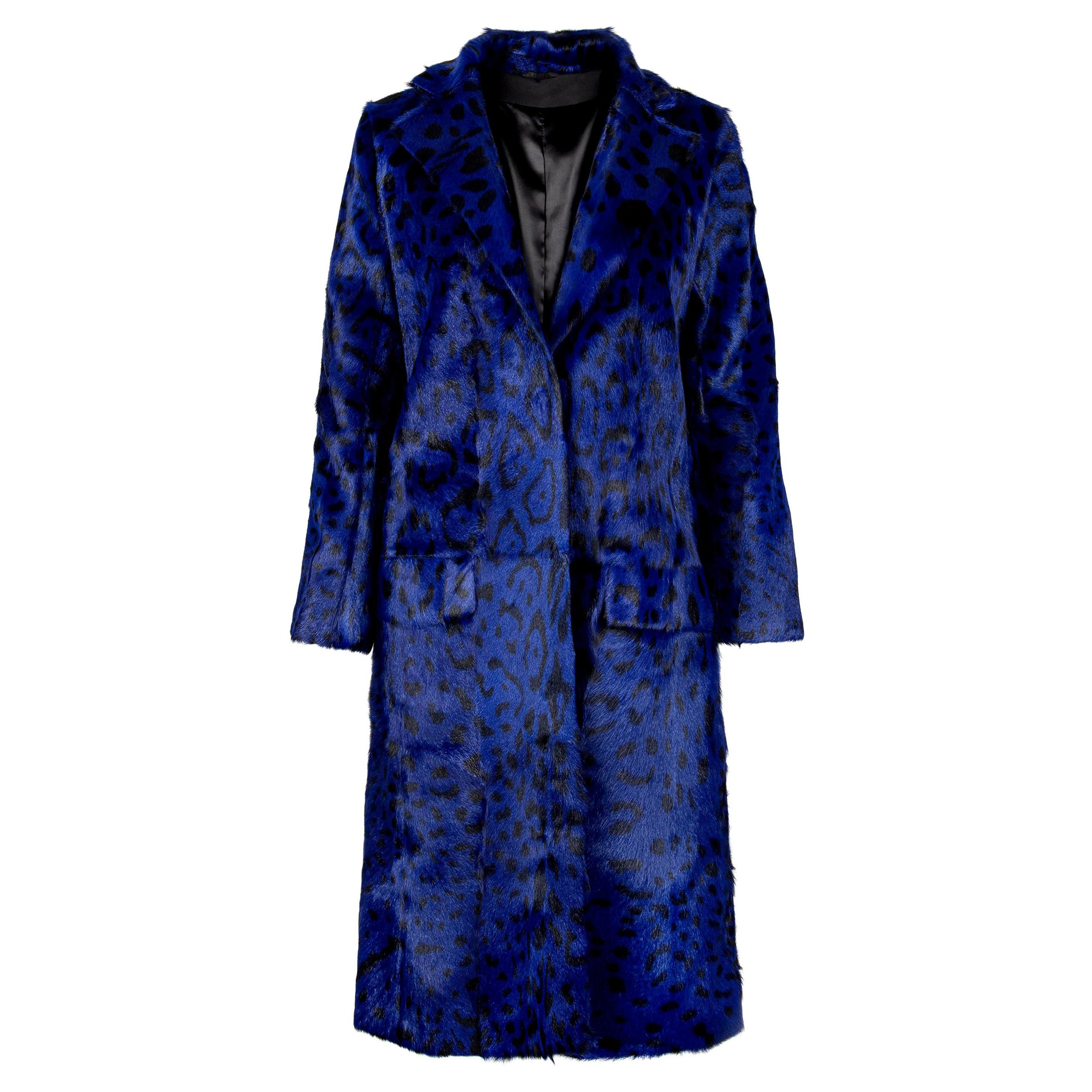 Verheyen London Ink Blue Leopard Print Coat in Goat Hair Fur UK 10  For Sale