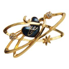 Vintage Christian Lacroix Paris Signed Gilt Metal and Enamel Cosmic Heart Pin Brooch