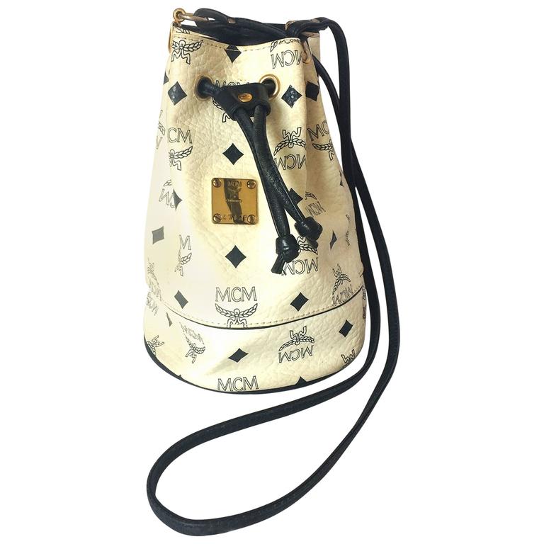 Vintage MCM white and navy monogram small hobo bucket bag. So chic and  cute. at 1stDibs