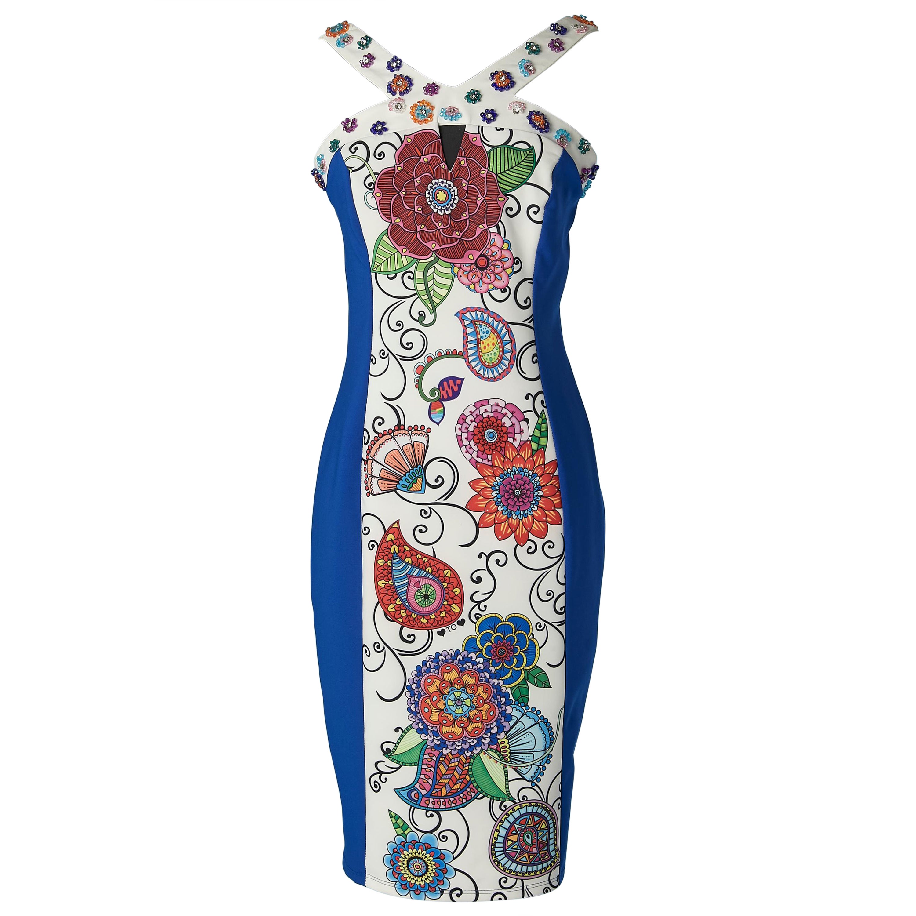 Sleeveless printed cocktail dress with beads embellishment Gai Mattiolo  For Sale