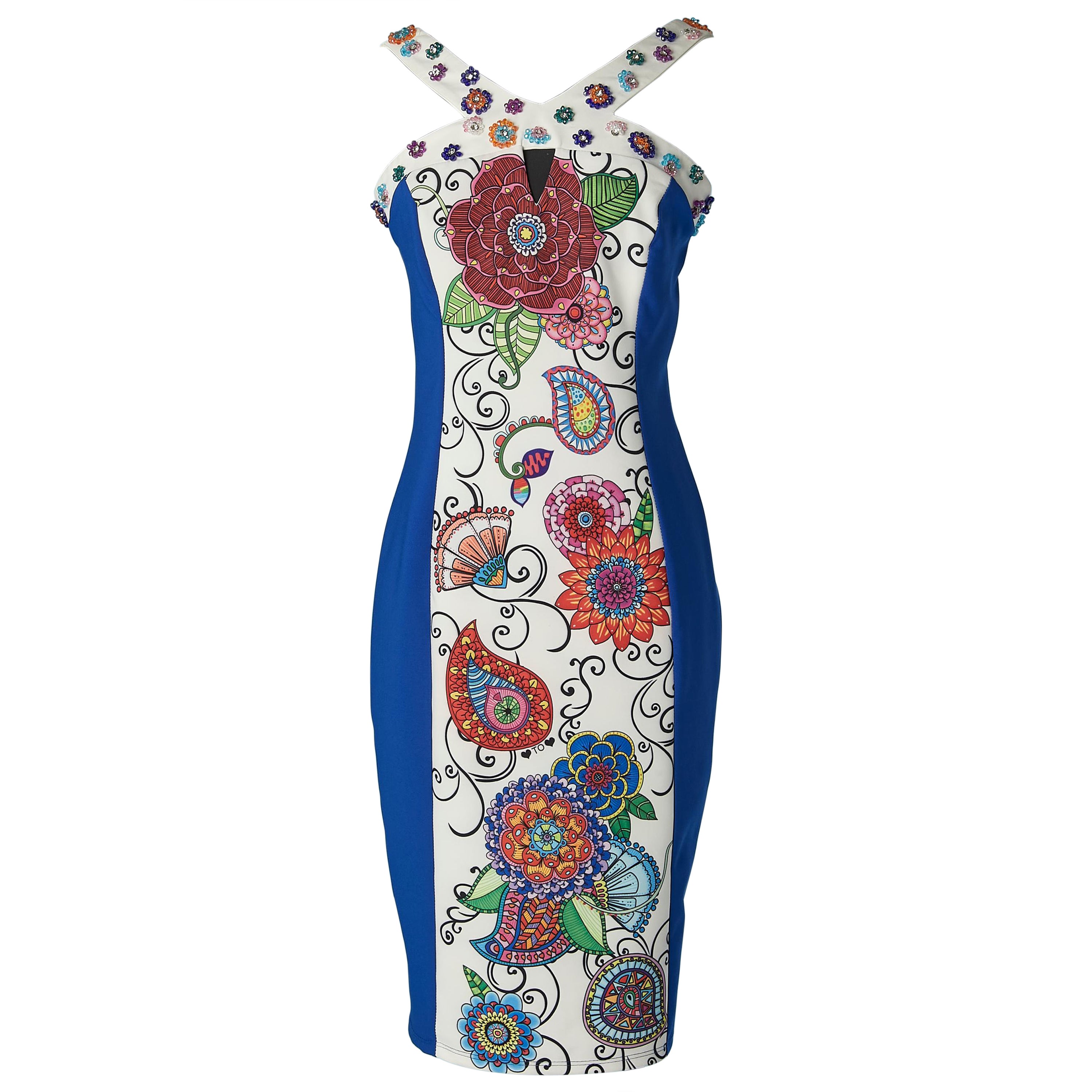 Vestido de cóctel estampado sin mangas con adorno de cuentas Gai Mattiolo en venta