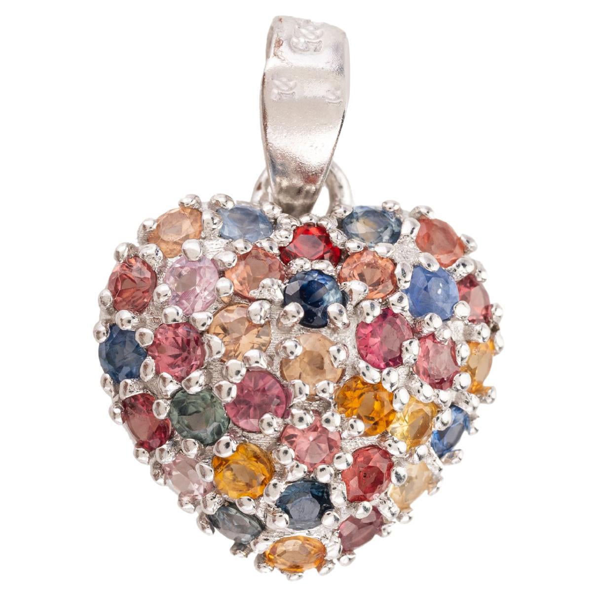 .925 Sterling Silver Multi Sapphire Heart Pendant Valentine Gift for Her For Sale