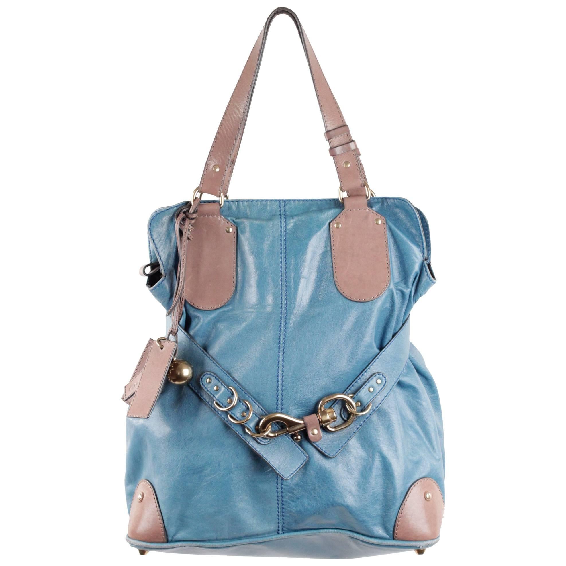 Chloe Turquoise and Taupe Leather Kerala Slouchy Tote Hand Bag