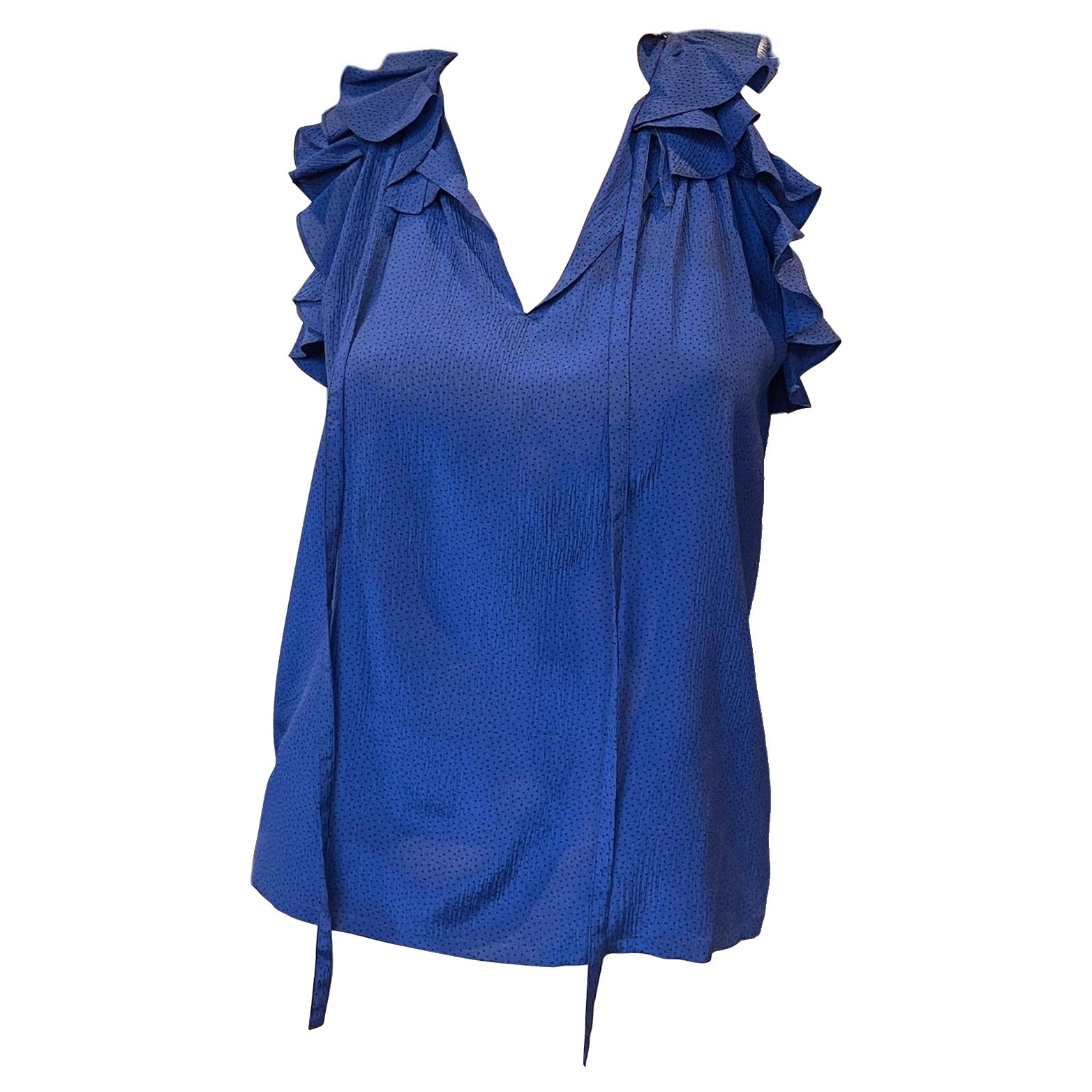 1970s Saint Laurent Rive Gauche Cobalt Blue Silk Ruffle Top For Sale
